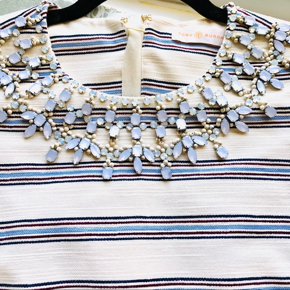 Tory Burch cream blue striped dress with jewels 8 - Picture 3 of 12